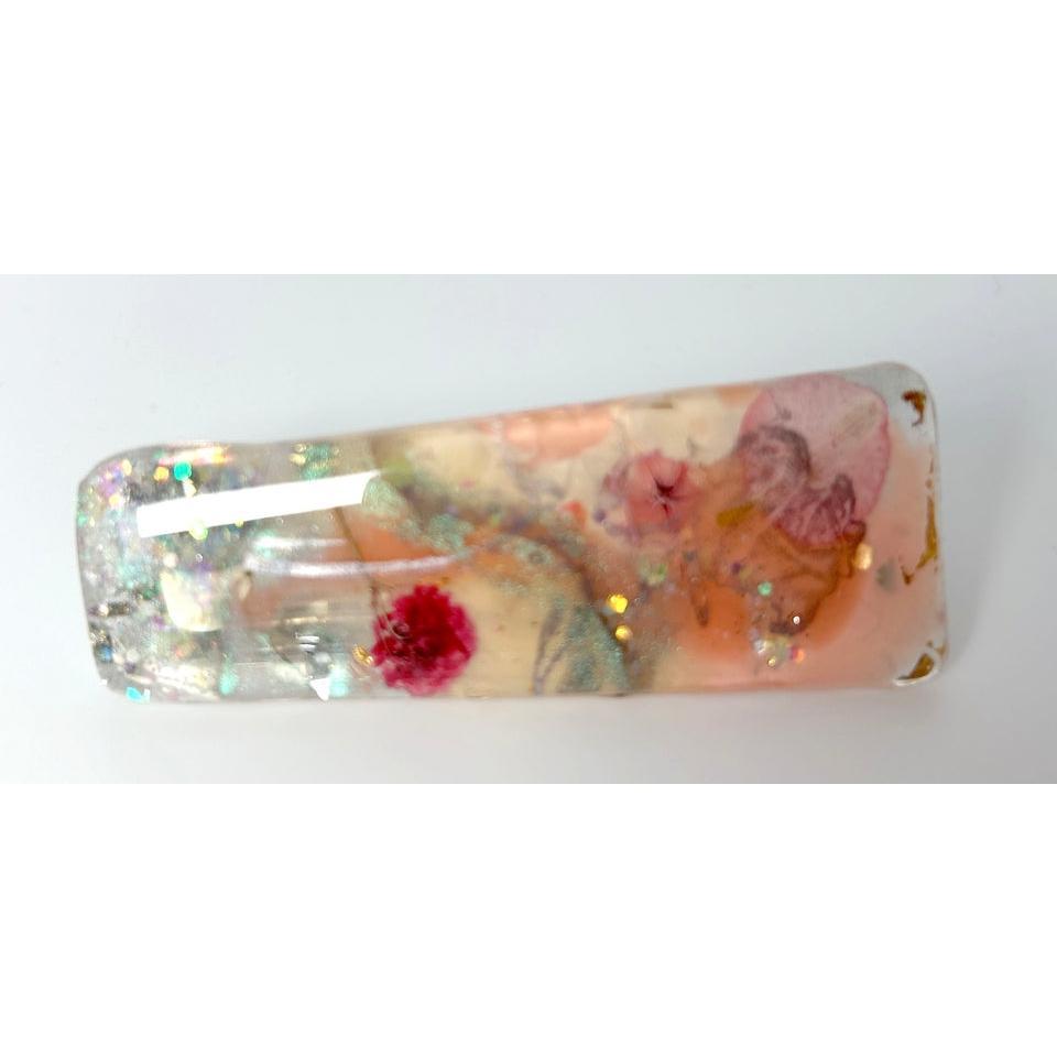 Two UV Resin Hair Barrettes, Handcrafted Iridescent  base color pink 1 alligator 1 French clasp. Unique, Multilayered Design with Shimmering Hues"