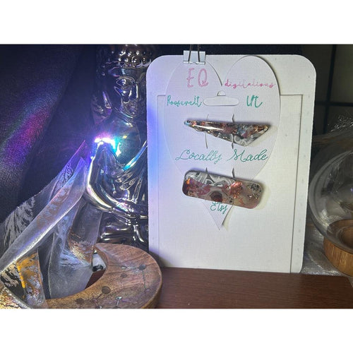 Two UV Resin French Clasp Hair Barrettes with a hint of opal color, Handcrafted Iridescent , Multilayered Design with Shimmering Hues