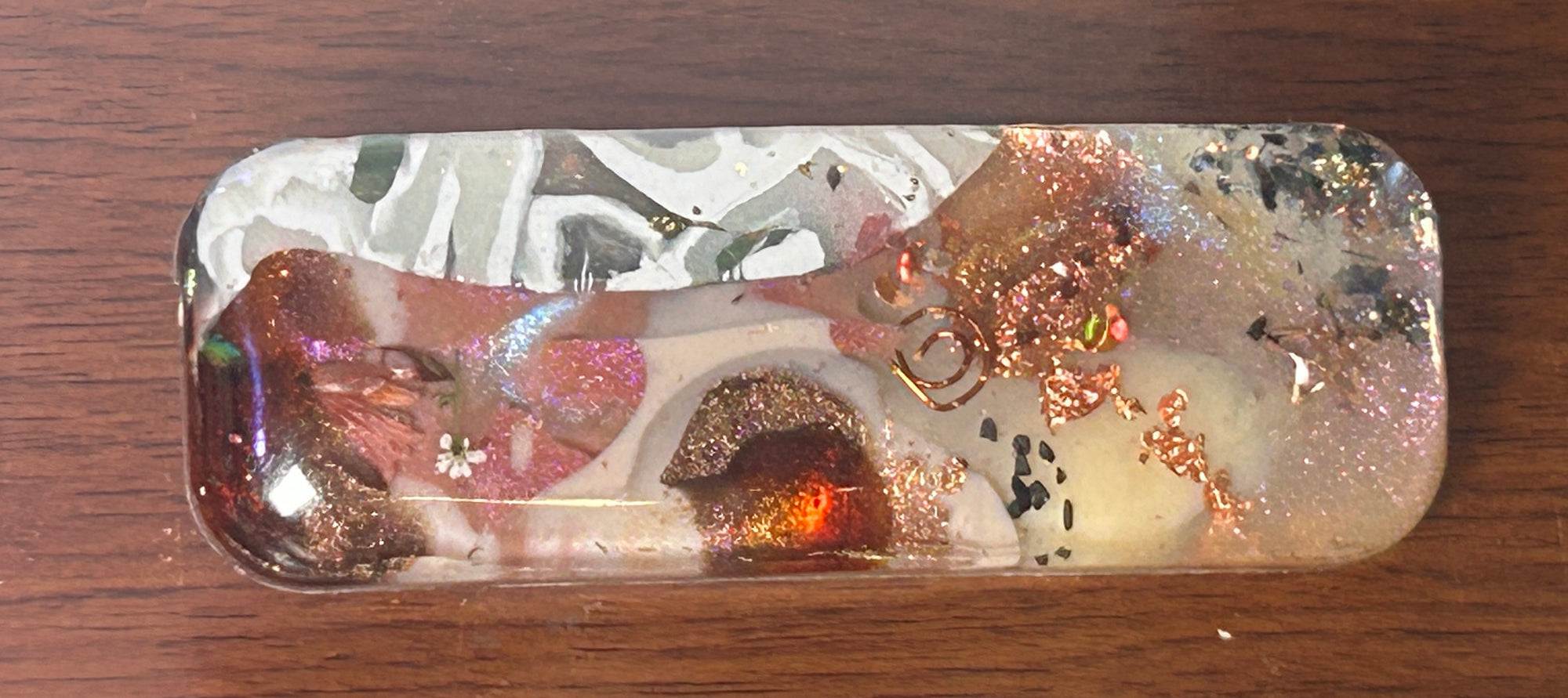 Two UV Resin French Clasp Hair Barrettes with a hint of opal color, Handcrafted Iridescent , Multilayered Design with Shimmering Hues