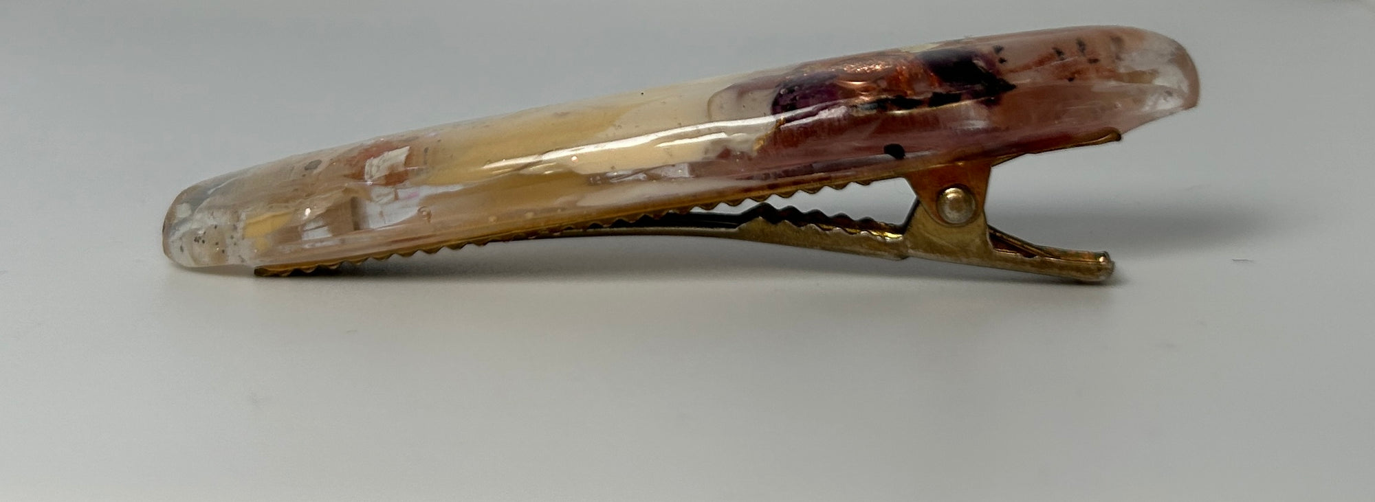 Two UV Resin Hair Barrettes Handcrafted, Cream base Iridescent, Gold color alligator clasp. Unique, Multilayered Design with Shimmering Hues