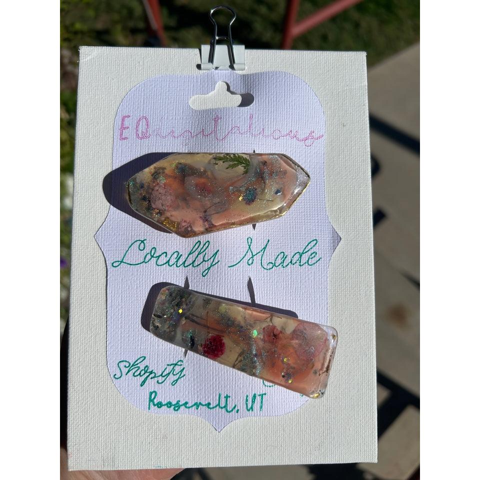 Two UV Resin Hair Barrettes, Handcrafted Iridescent  base color pink 1 alligator 1 French clasp. Unique, Multilayered Design with Shimmering Hues"