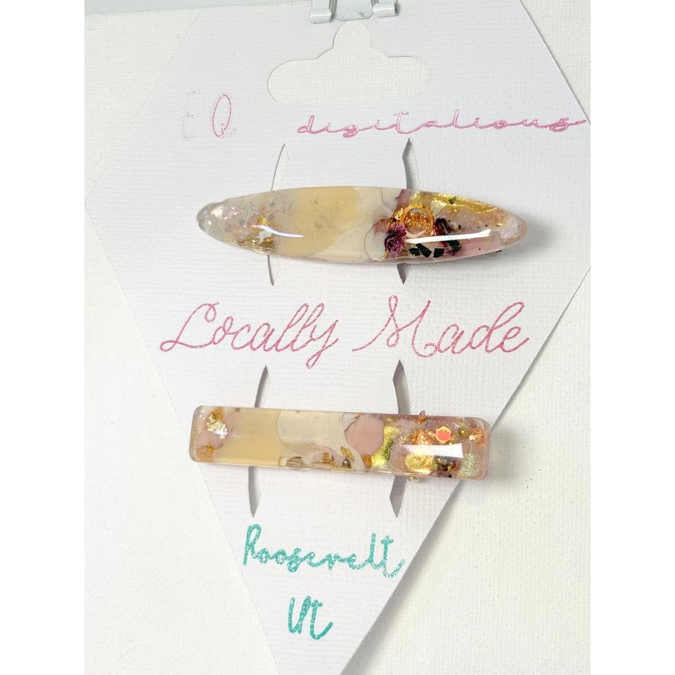 Two UV Resin Hair Barrettes Handcrafted, Cream base Iridescent, Gold color alligator clasp. Unique, Multilayered Design with Shimmering Hues