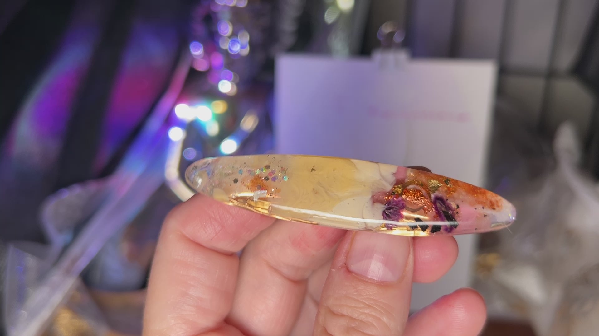 Two UV Resin Hair Barrettes Handcrafted, Cream base Iridescent, Gold color alligator clasp. Unique, Multilayered Design with Shimmering Hues
