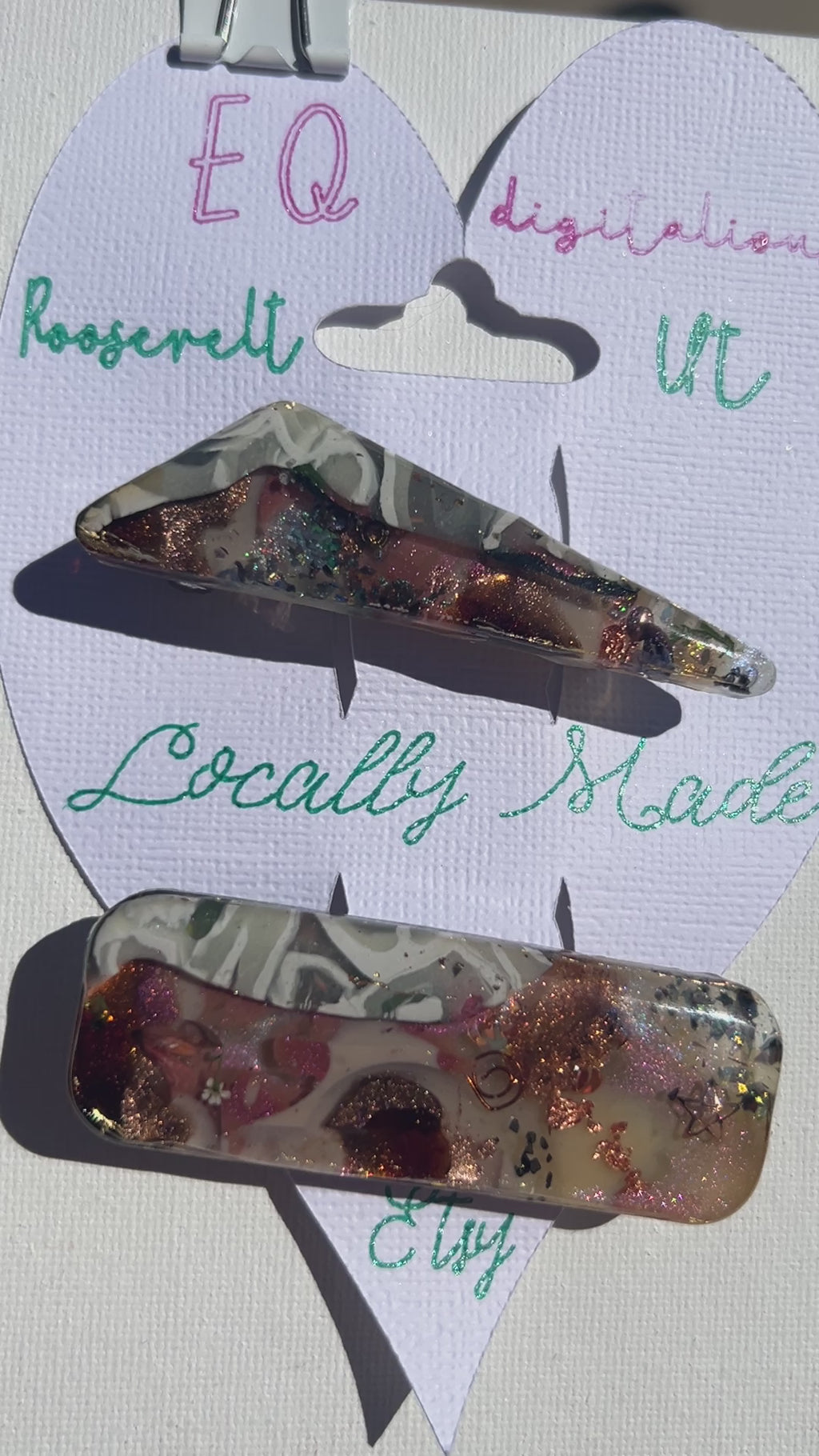 Two UV Resin French Clasp Hair Barrettes with a hint of opal color, Handcrafted Iridescent , Multilayered Design with Shimmering Hues