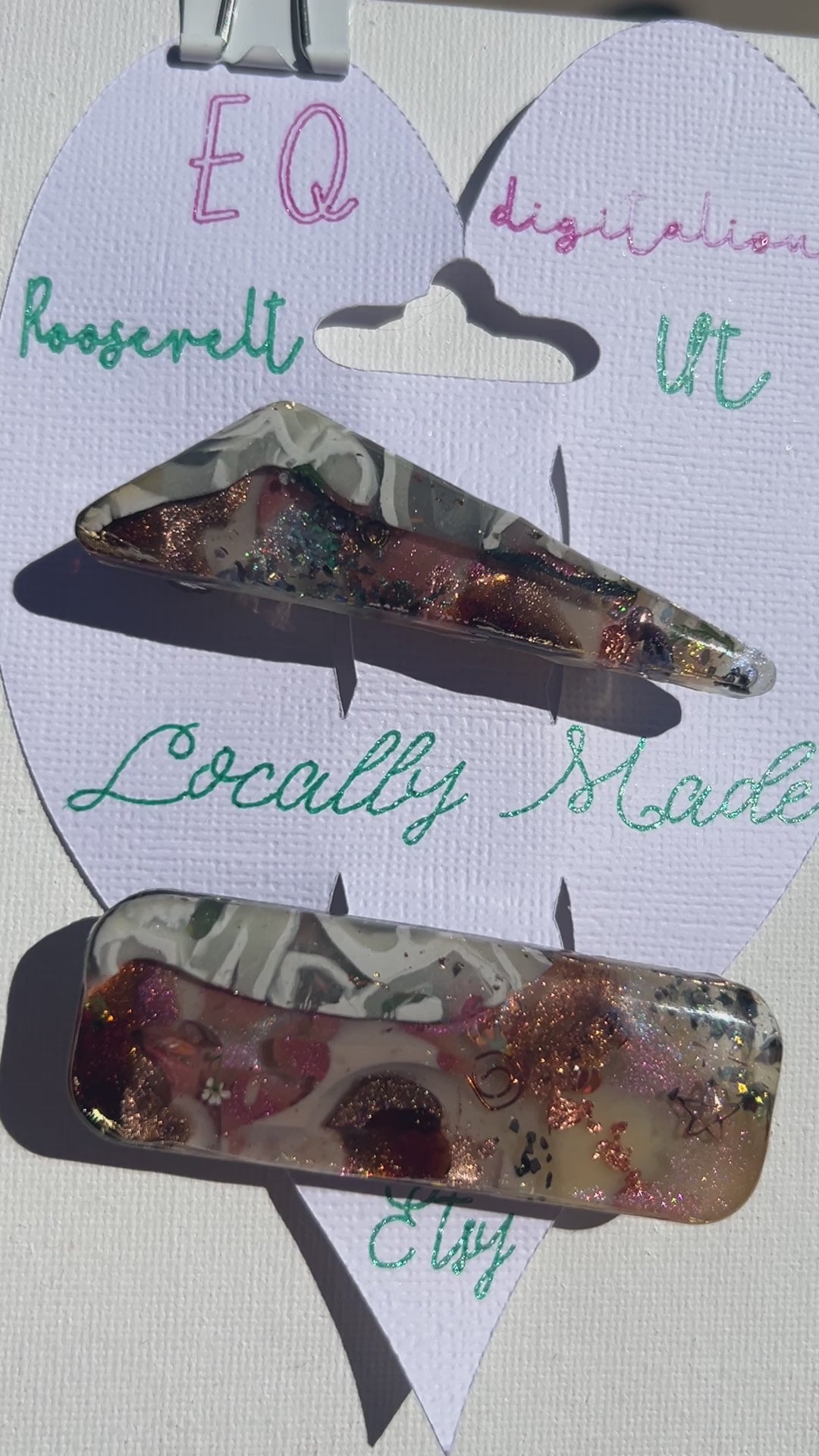 Two UV Resin French Clasp Hair Barrettes with a hint of opal color, Handcrafted Iridescent , Multilayered Design with Shimmering Hues