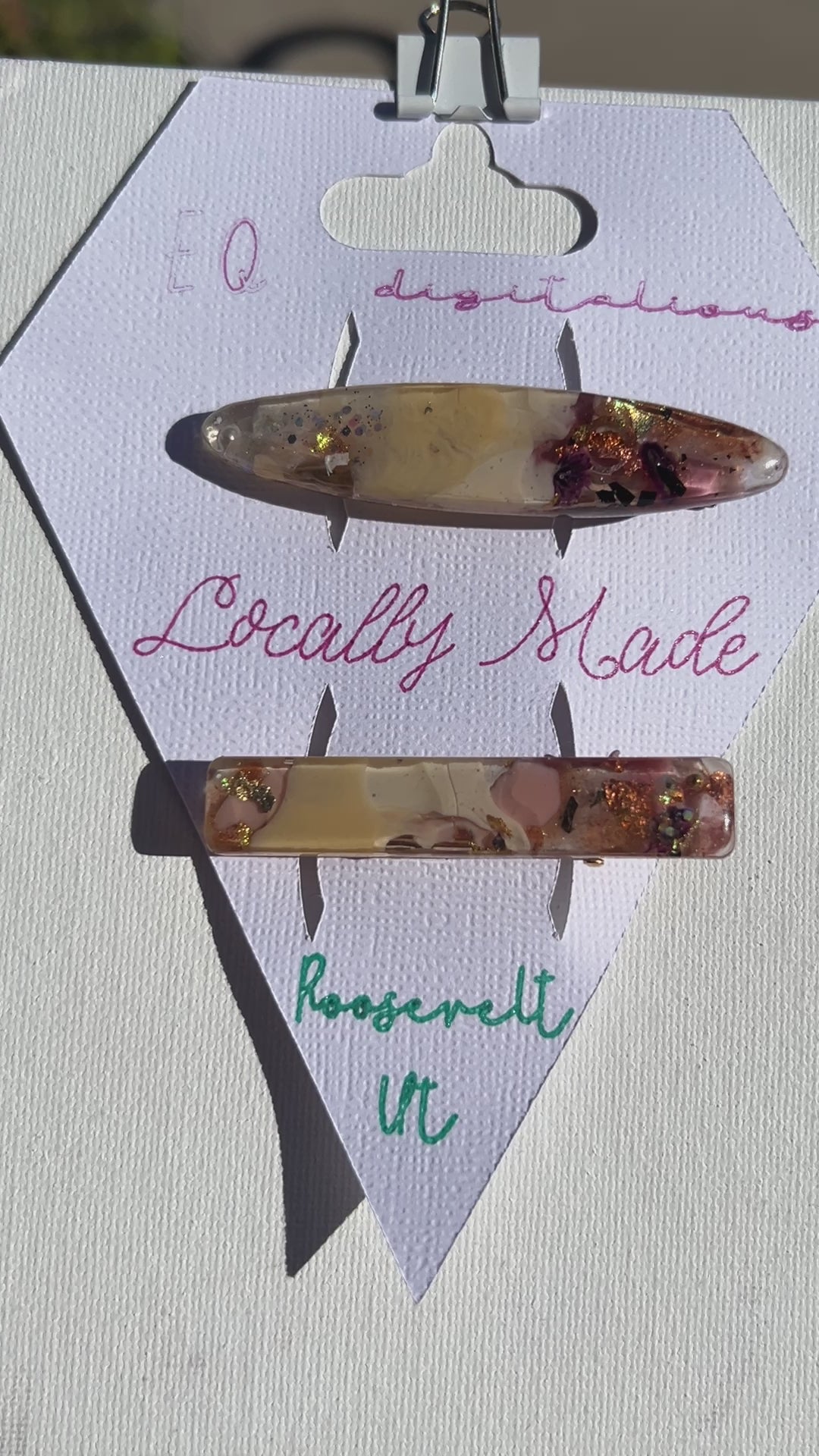 Two UV Resin Hair Barrettes Handcrafted, Cream base Iridescent, Gold color alligator clasp. Unique, Multilayered Design with Shimmering Hues