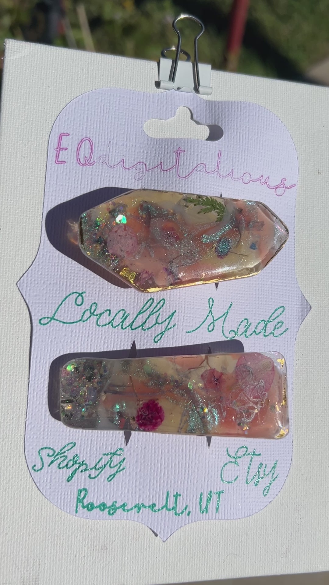 Two UV Resin Hair Barrettes, Handcrafted Iridescent  base color pink 1 alligator 1 French clasp. Unique, Multilayered Design with Shimmering Hues"
