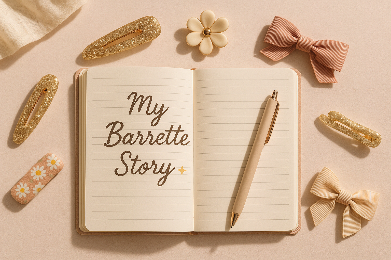 Prompt:
A cozy, feminine journal-style flat lay scene on a soft desk with pastel accents. Open notebook with handwritten-style text “My Barrette Story ✨,” a pen, and scattered barrettes (glitter, floral, ribbon, bow styles). Warm natural lighting, soft shadows, styled like a lifestyle blog photo, minimal and elegant, Instagram aesthetic.