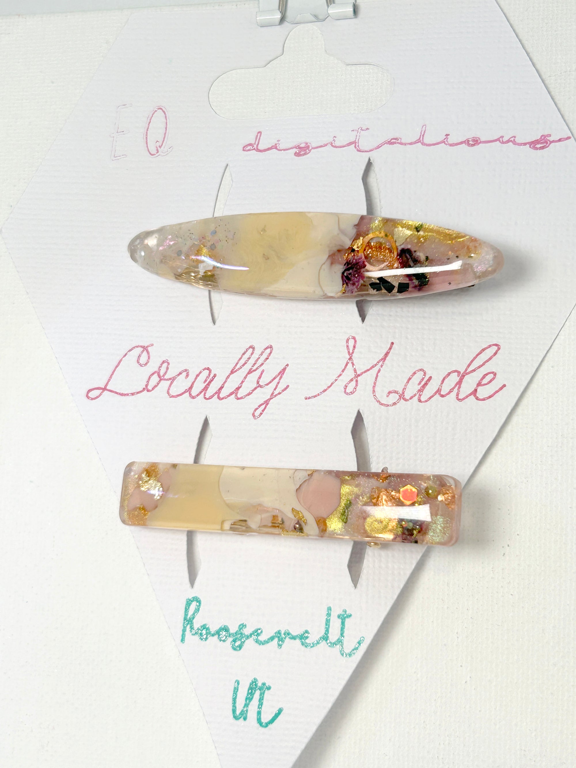 Two UV Resin Hair Barrettes Handcrafted, Cream base Iridescent, Gold color alligator clasp. Unique, Multilayered Design with Shimmering Hues